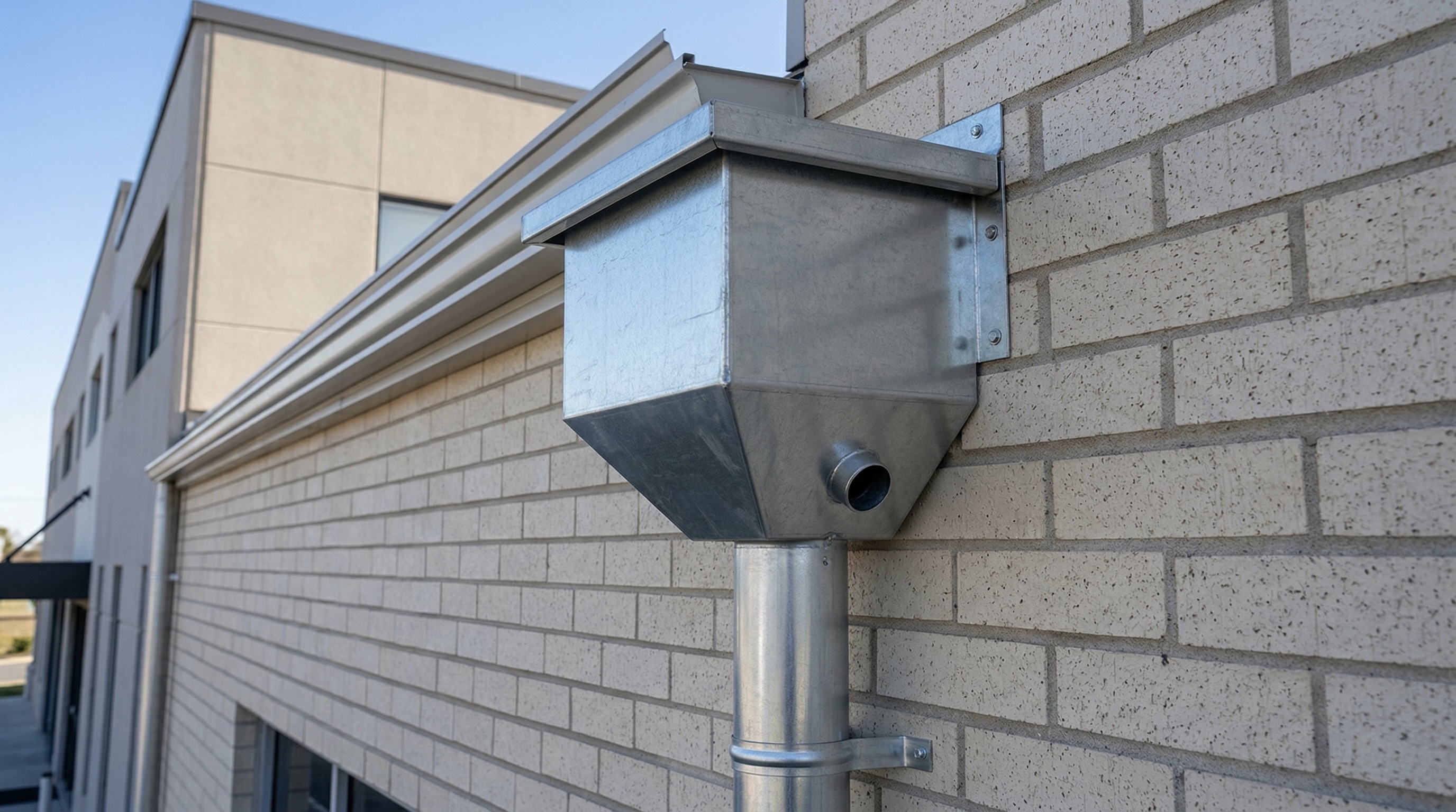 Custom galvanized steel collector head for gutter-to-downspout roof drainage transition