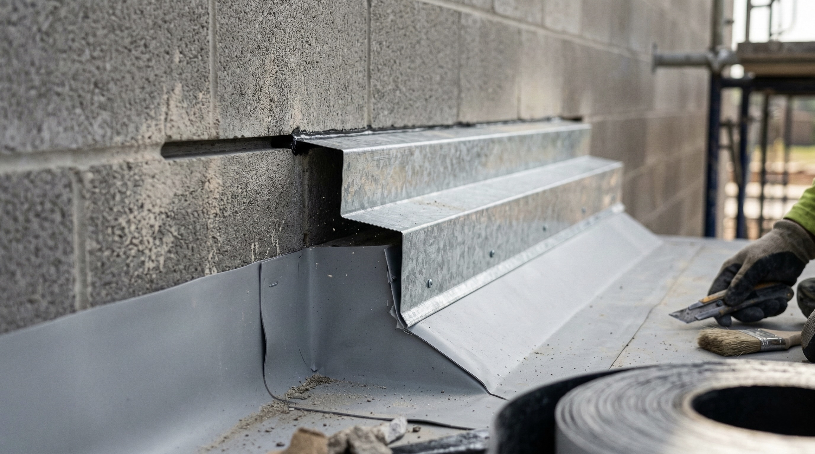 Galvanized steel counter flashing for commercial roof-to-wall weatherproofing