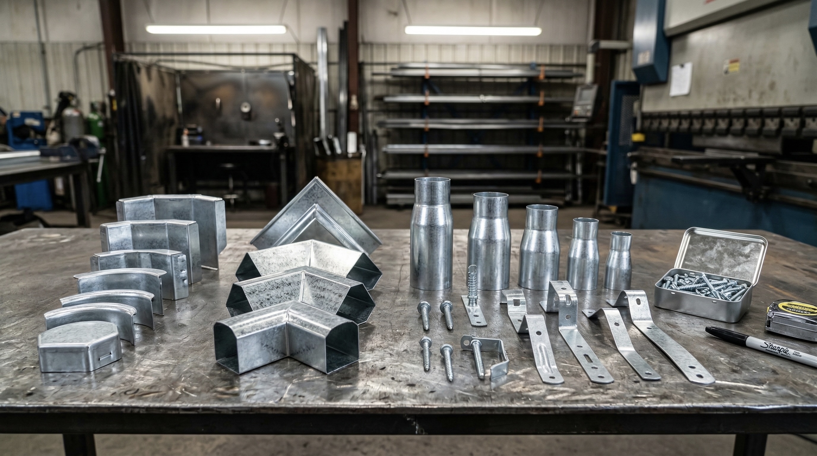 Galvanized steel gutter accessories including end caps, miters, and expansion joints