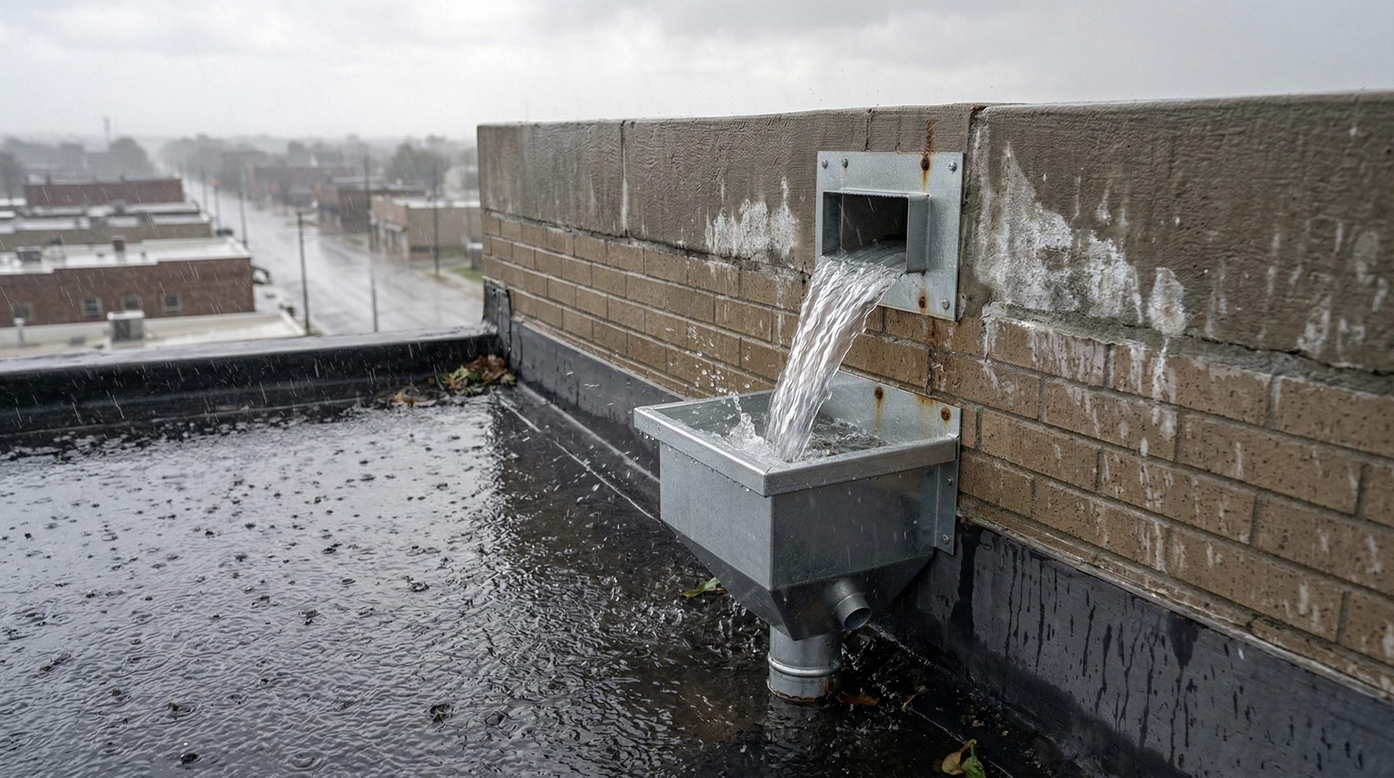 Galvanized steel roof scupper for parapet wall water discharge